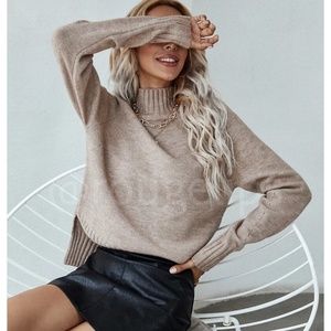 Beige Knit Turtleneck Pullover Sweater Long Sleeve Side Slits